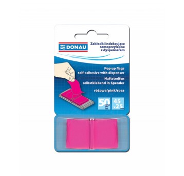 Zakładki indeksujące 25 x 45mm tworzywo DONAU kol. różowy z dyspenserem 50 zakładek [7558001PL-13]
