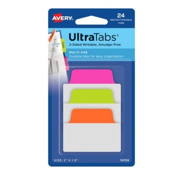 Zakładki indeksujące 50,8 x 38,1mm tworzywo AVERY ZWECKFORM Ultra Tabs wielokolorowy 24 zakładki neonowe 3 kolory [74753]