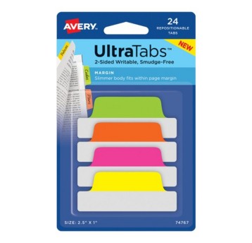 Zakładki indeksujące 63,5 x 25,4mm tworzywo AVERY ZWECKFORM Ultra Tabs wielokolorowy 24 zakładki neonowe 4 kolory [74767]