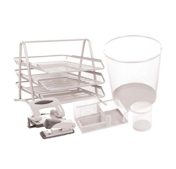 Zestaw akcesoriów na biurko LEVIATAN 1410 kol. perłowy 6 elementów: kosz, kubek, przybornik, zestaw szuflad, zszywacz, dziurkacz [110084]