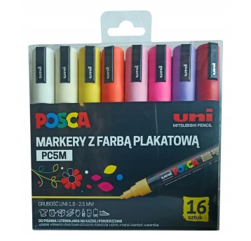 Zestaw markerów z farbą plakatową UNI POSCA PC5M końcówka okrągła 1,8-2,5mm kpl. 16 kol. [194514]