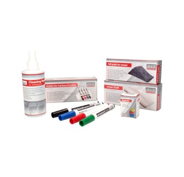 Zestaw startowy do tablic suchościeralnych 2x3 wycierak 4 markery holder płyn 200ml gąbka filce magnesy [AS111]