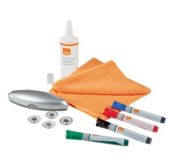 Zestaw startowy do tablic szklanych suchościeralnych NOBO wycierak 4 markery płyn 250ml ściereczka magnesy [1905330]