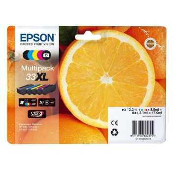 Zestaw tuszy EPSON C13T33574010 / 33XL C/M/Y/K/PGBK 3 x 8,9ml + 8,1ml + 12,2ml (5 x 33XL) pak 5 szt.