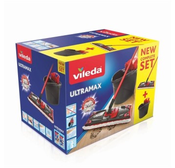 Zestaw wiadro + koszyk + drążek + mop bawełna VILEDA Ultramax kol. szaro-czerwony [3890]